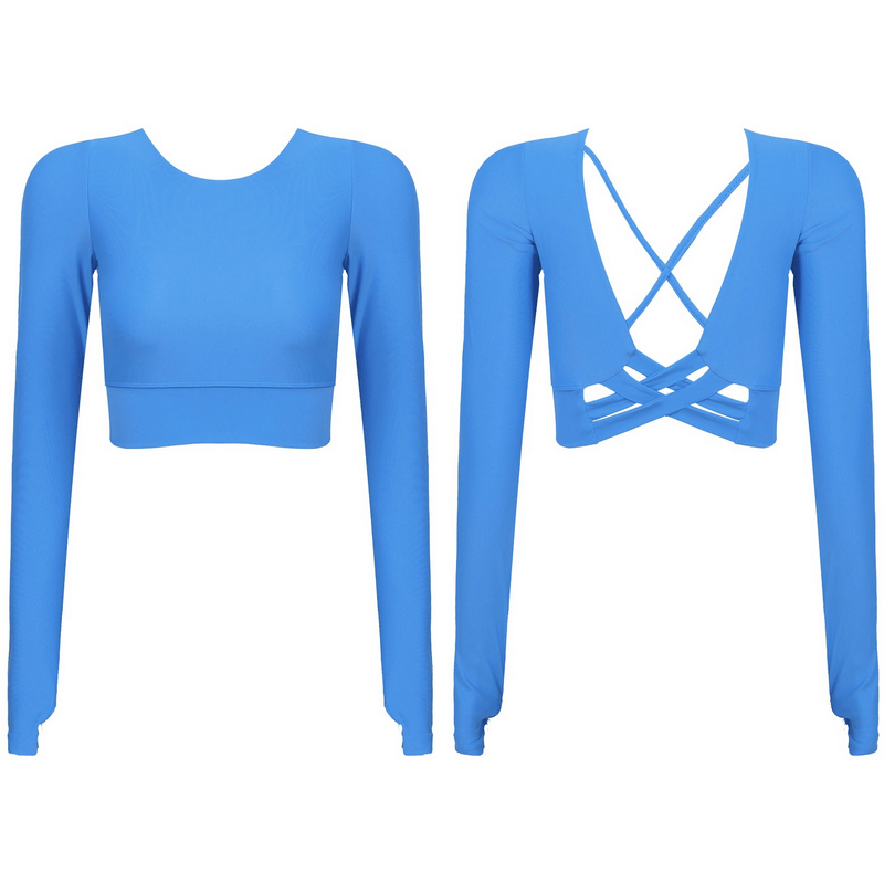 Blue sports seamless cropped top with long sleeves and back cross strappy design, featuring an O-neck and solid pattern.